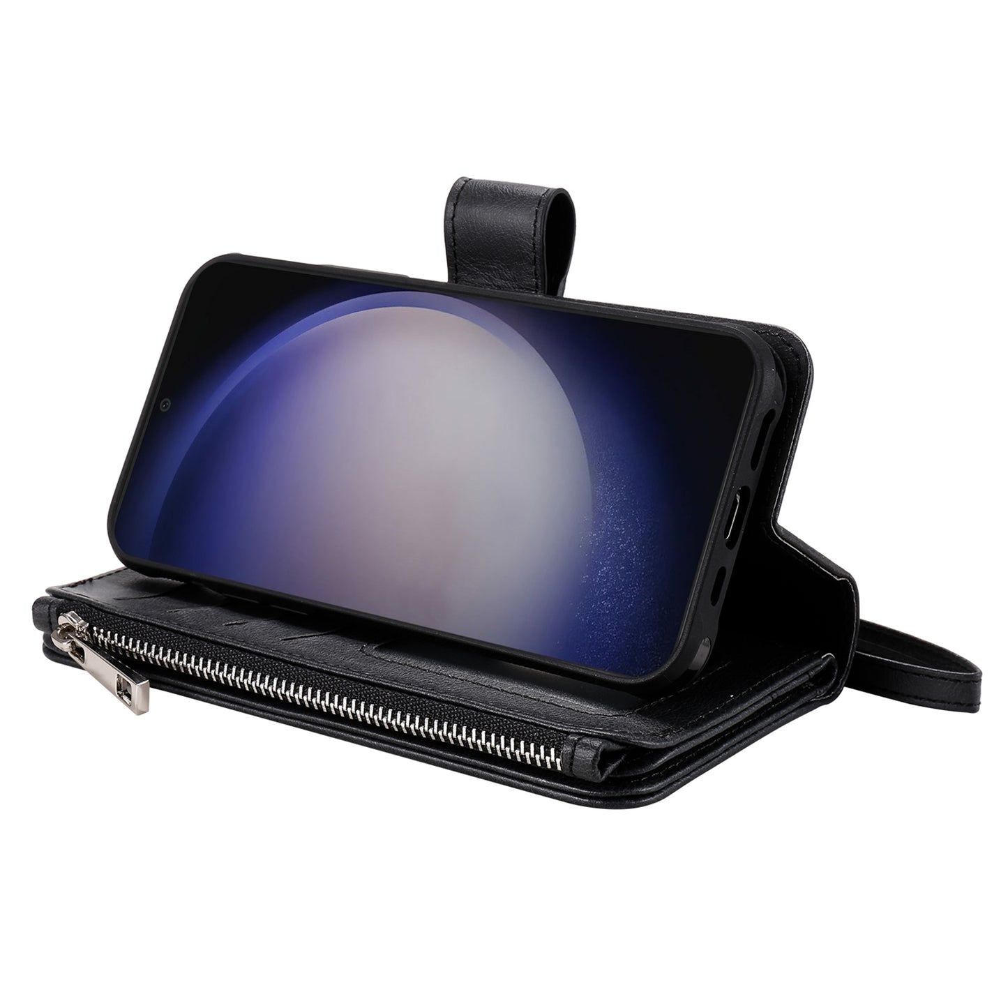 KT Multi-functional Series-4 for Samsung Galaxy S24 Magnetic Case Card Slots Stand Zipper Phone Cover - Black
