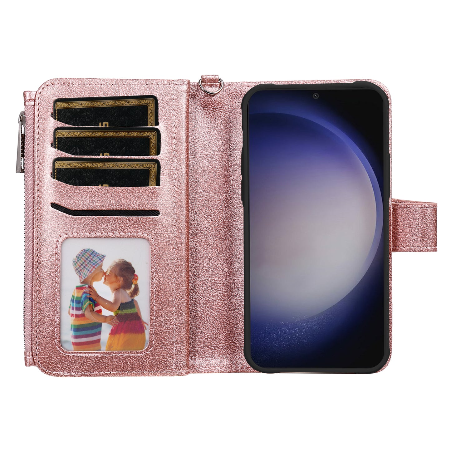 KT Multi-functional Series-4 for Samsung Galaxy S24 Magnetic Case Card Slots Stand Zipper Phone Cover - Rose Gold