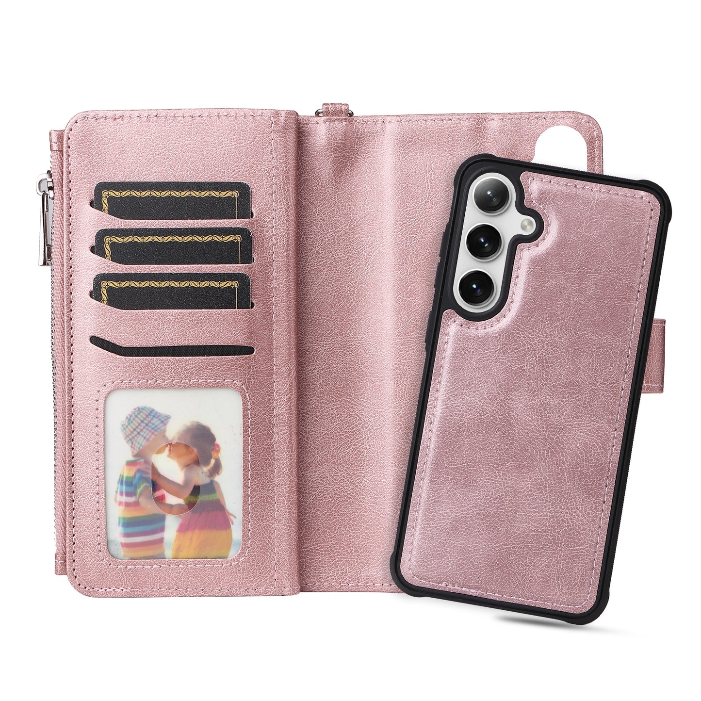 KT Multi-functional Series-4 for Samsung Galaxy S24 Magnetic Case Card Slots Stand Zipper Phone Cover - Rose Gold
