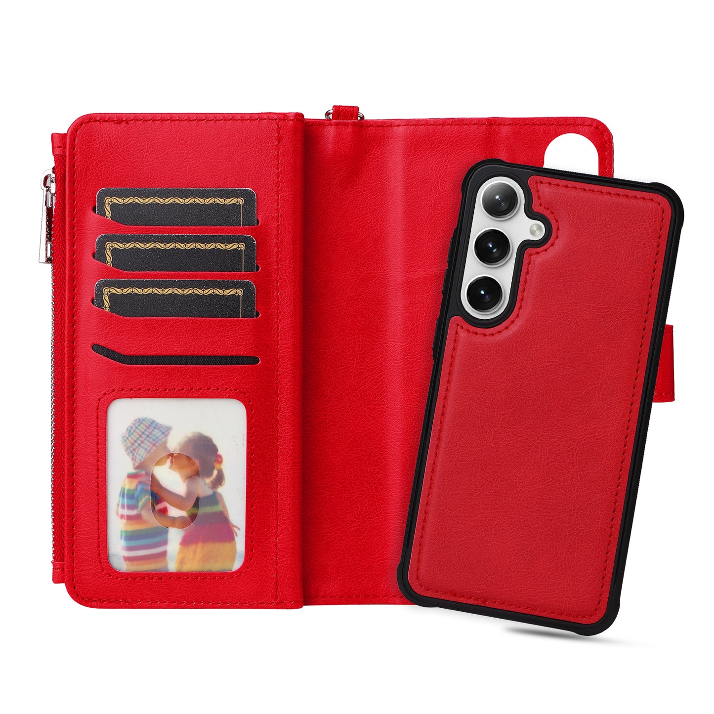 KT Multi-functional Series-4 for Samsung Galaxy S24 Magnetic Case Card Slots Stand Zipper Phone Cover - Red