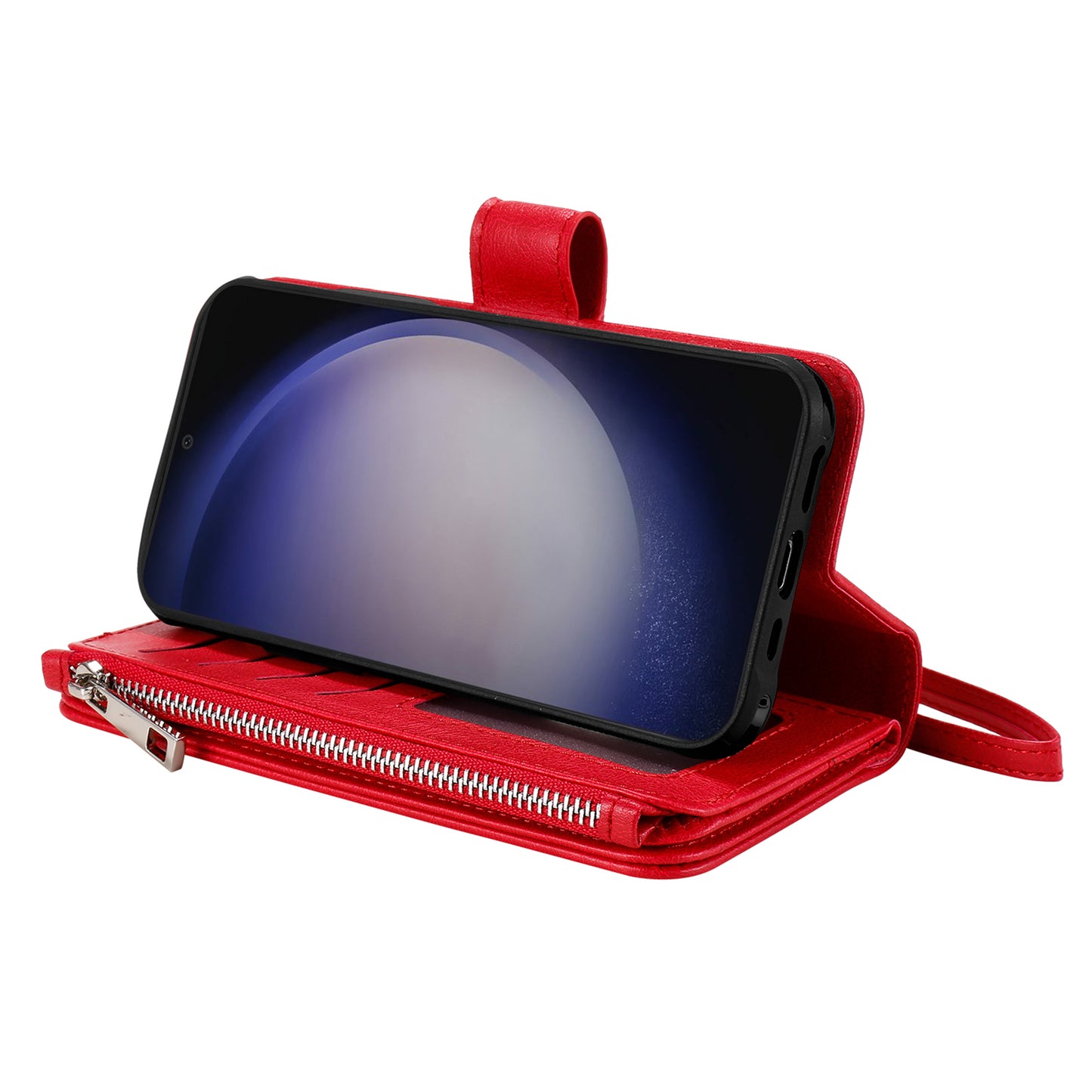 KT Multi-functional Series-4 for Samsung Galaxy S24 Magnetic Case Card Slots Stand Zipper Phone Cover - Red