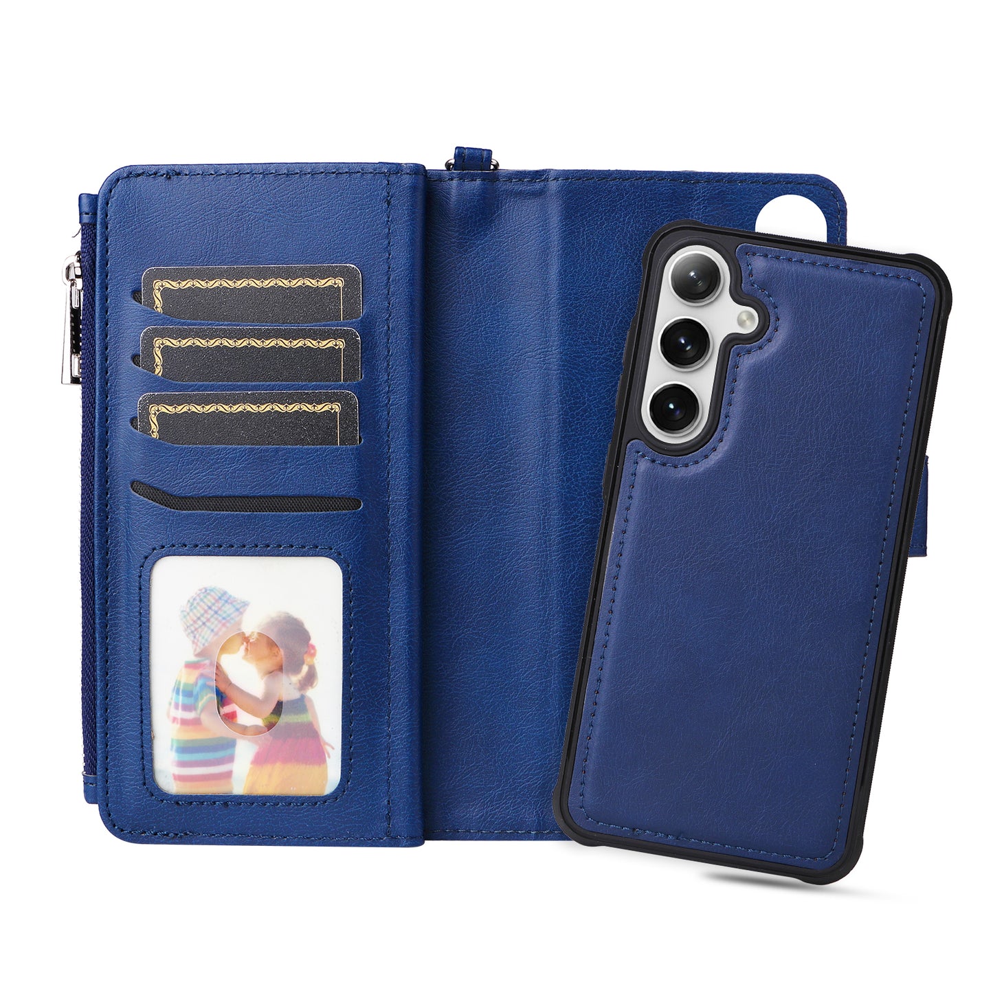 KT Multi-functional Series-4 for Samsung Galaxy S24 Magnetic Case Card Slots Stand Zipper Phone Cover - Blue