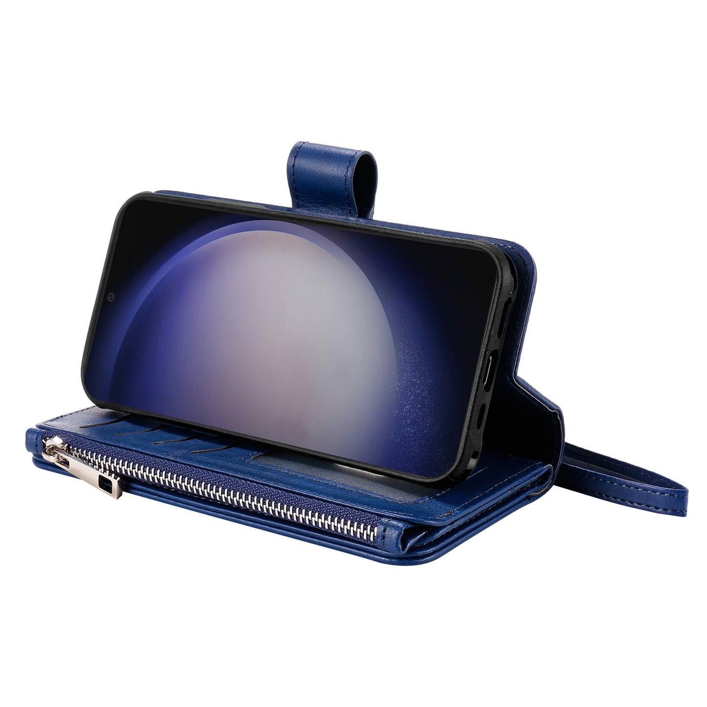 KT Multi-functional Series-4 for Samsung Galaxy S24 Magnetic Case Card Slots Stand Zipper Phone Cover - Blue