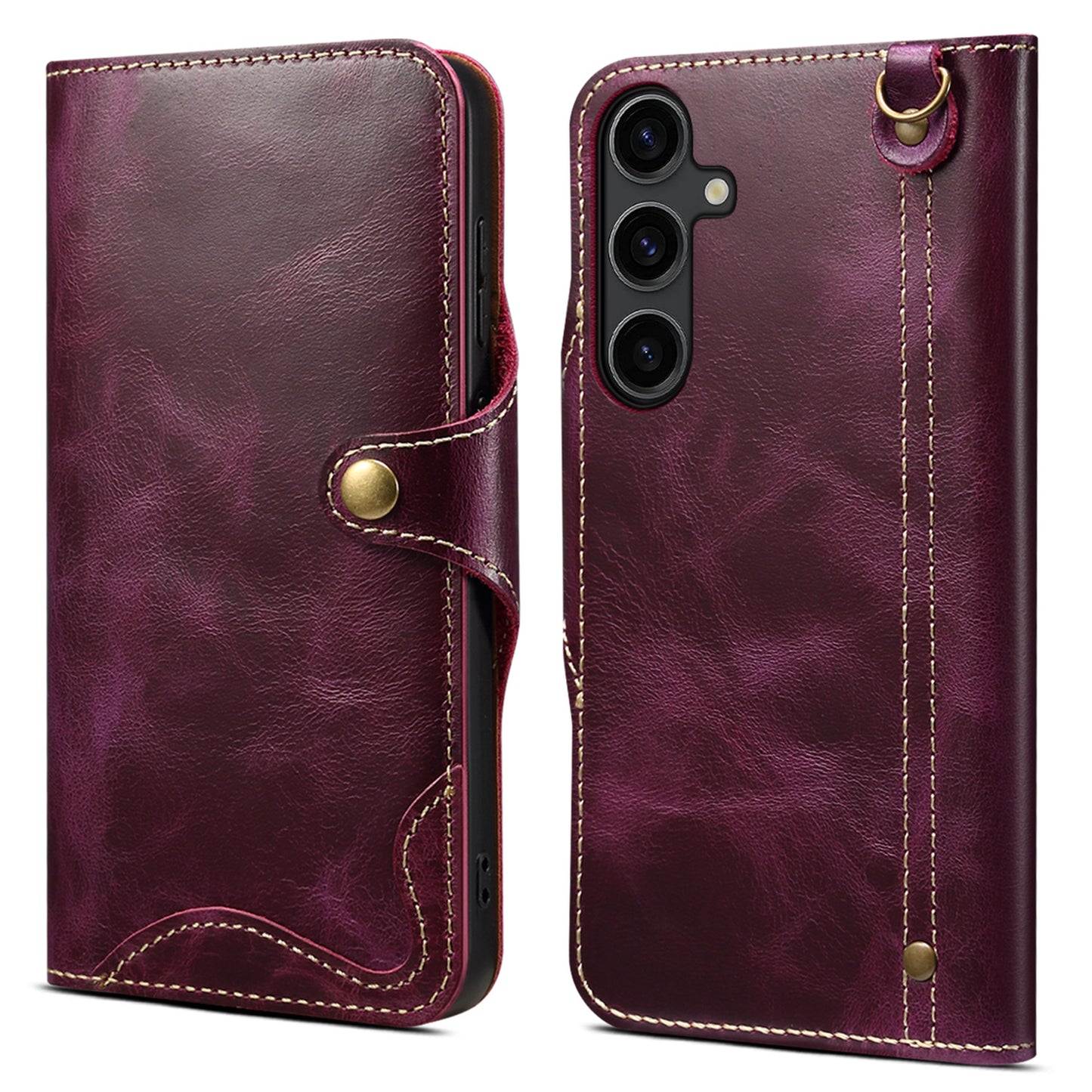 For Samsung Galaxy S24 Case Buckled Genuine Cow Leather+TPU Phone Wallet Cover - Purple