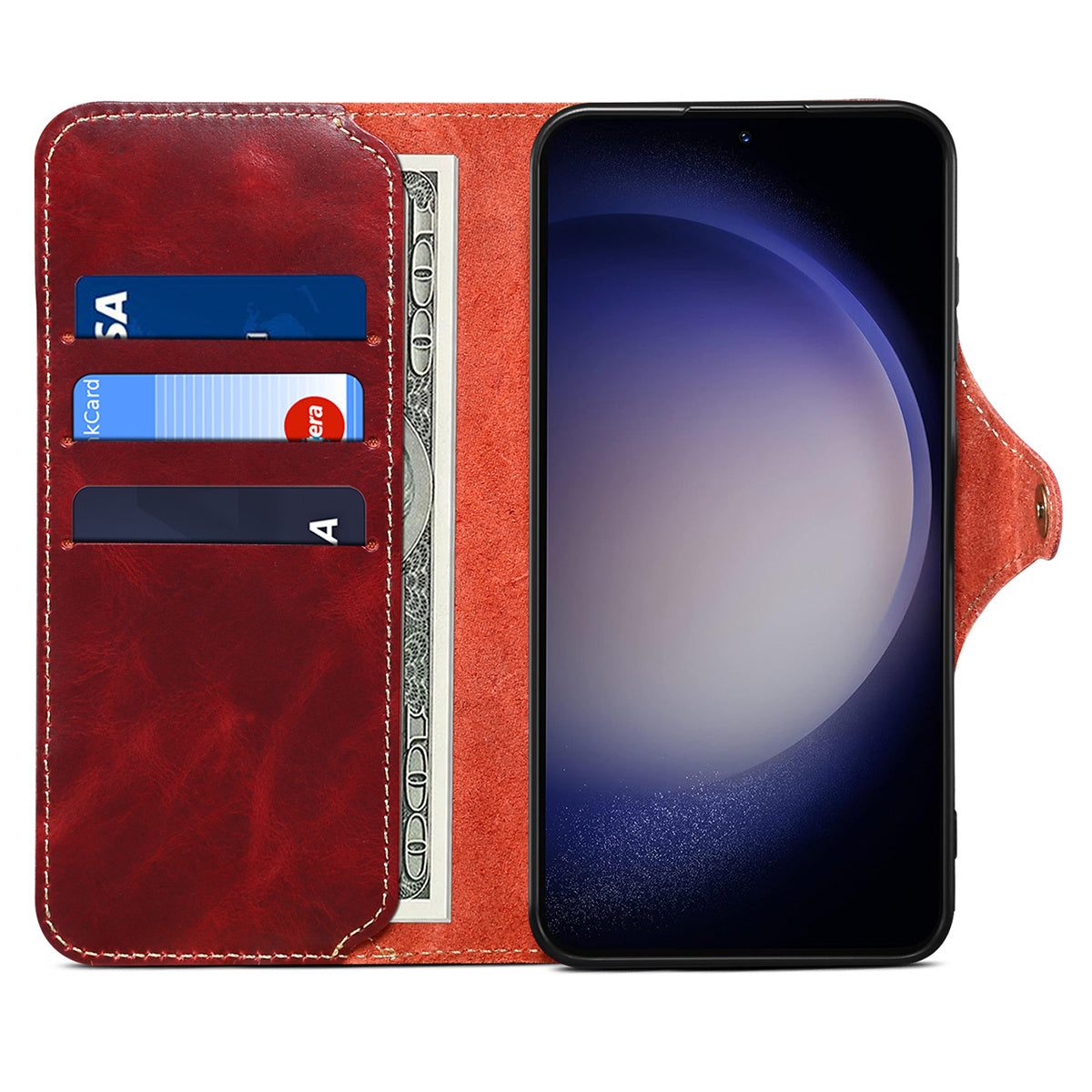 For Samsung Galaxy S24 Case Buckled Genuine Cow Leather+TPU Phone Wallet Cover - Wine Red