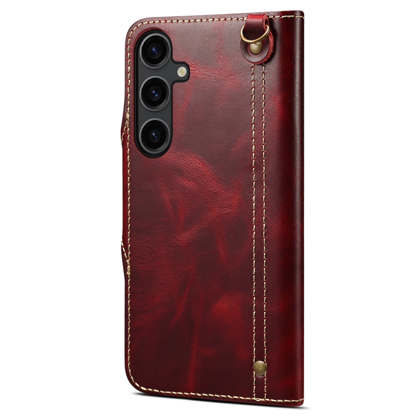 For Samsung Galaxy S24 Case Buckled Genuine Cow Leather+TPU Phone Wallet Cover - Wine Red