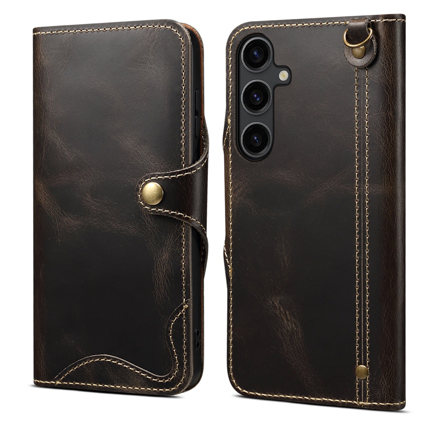 For Samsung Galaxy S24 Case Buckled Genuine Cow Leather+TPU Phone Wallet Cover - Black