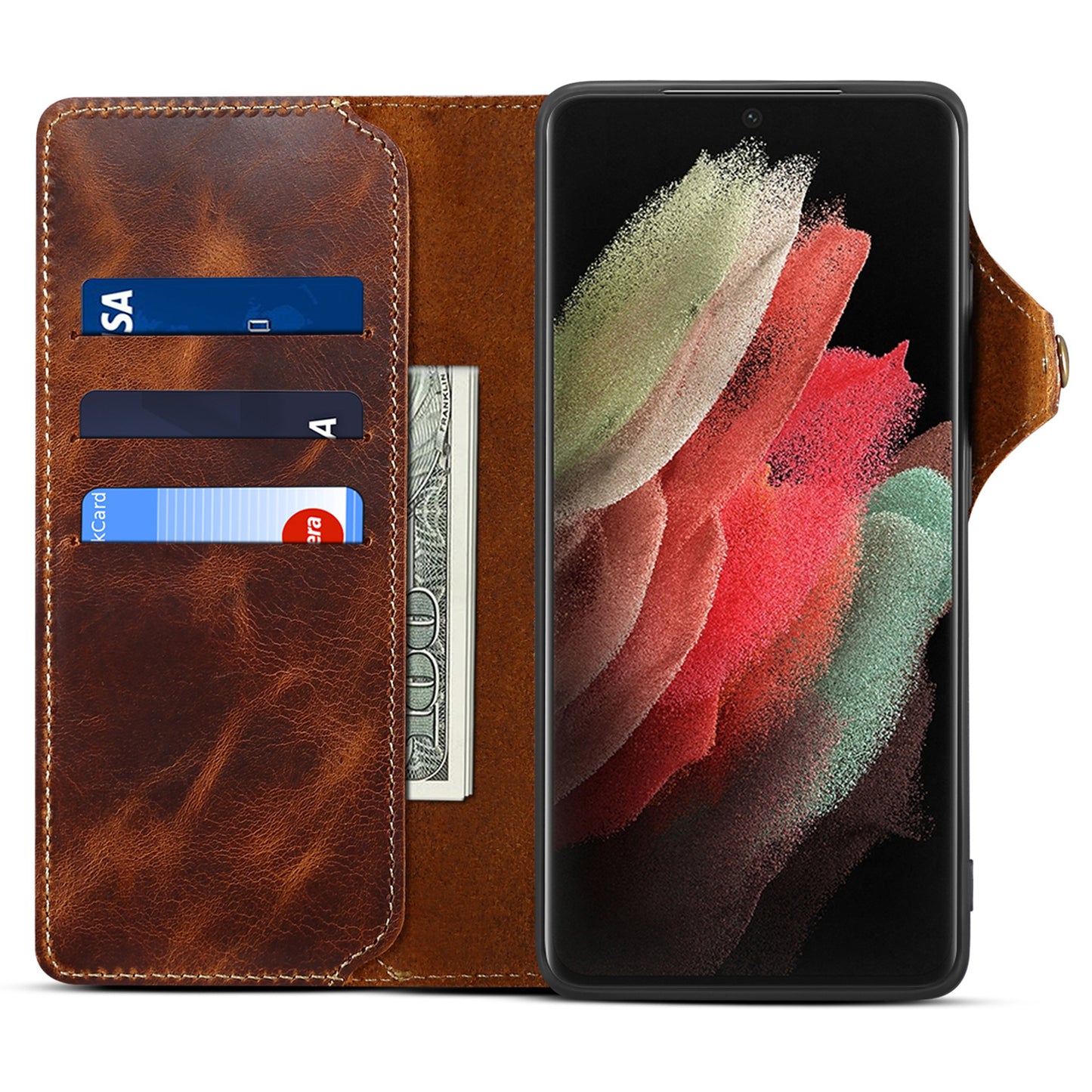 For Samsung Galaxy S24 Ultra Cell Phone Case Buckled Retro Oil Wax Wallet Cover - Brown