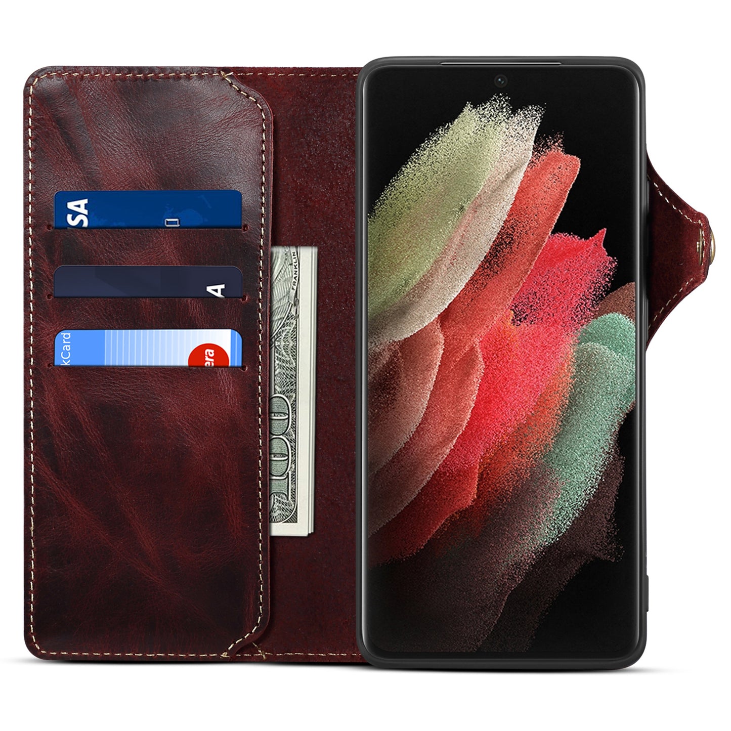For Samsung Galaxy S24 Ultra Cell Phone Case Buckled Retro Oil Wax Wallet Cover - Wine Red