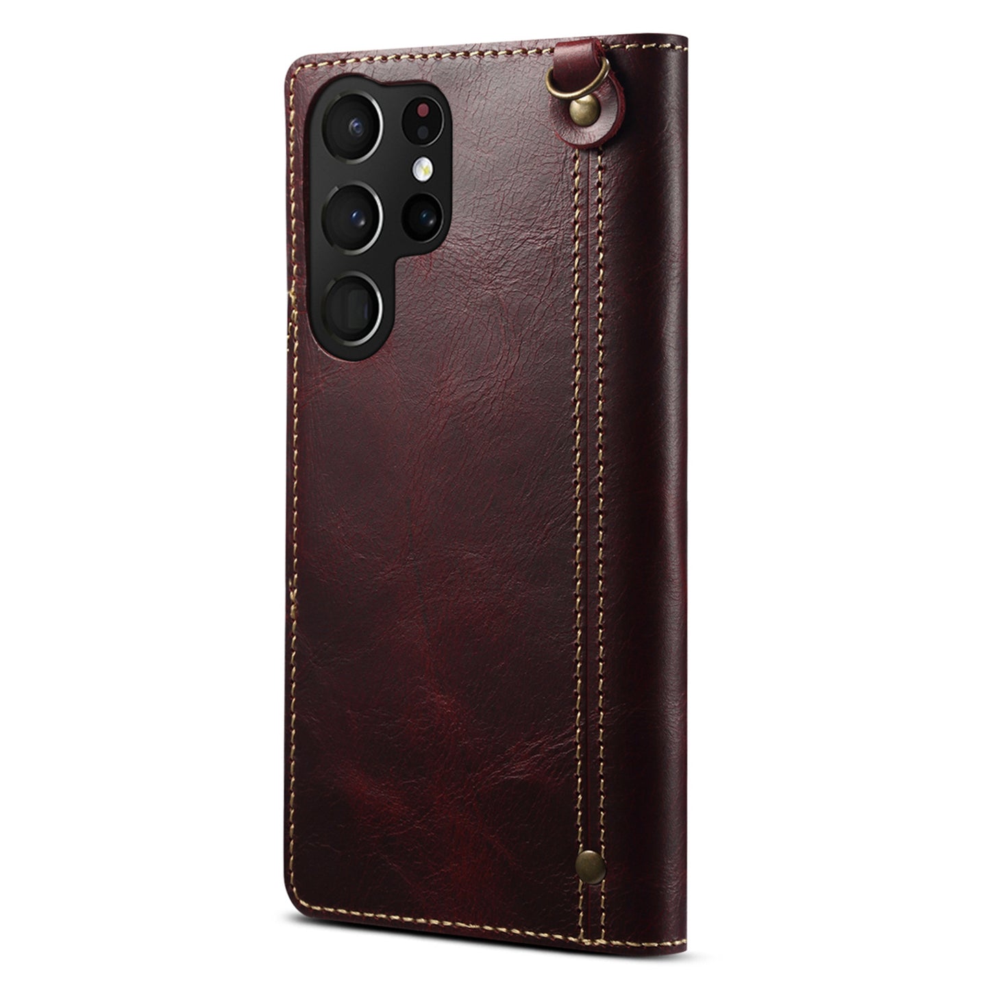 For Samsung Galaxy S24 Ultra Cell Phone Case Buckled Retro Oil Wax Wallet Cover - Wine Red