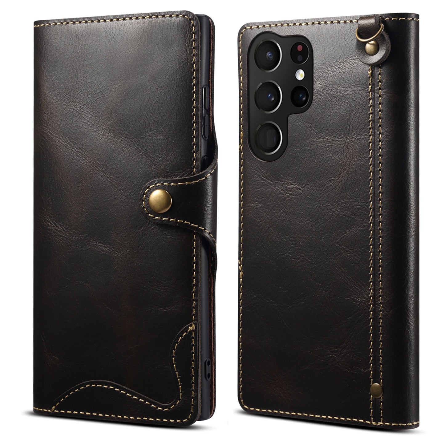 For Samsung Galaxy S24 Ultra Cell Phone Case Buckled Retro Oil Wax Wallet Cover - Black