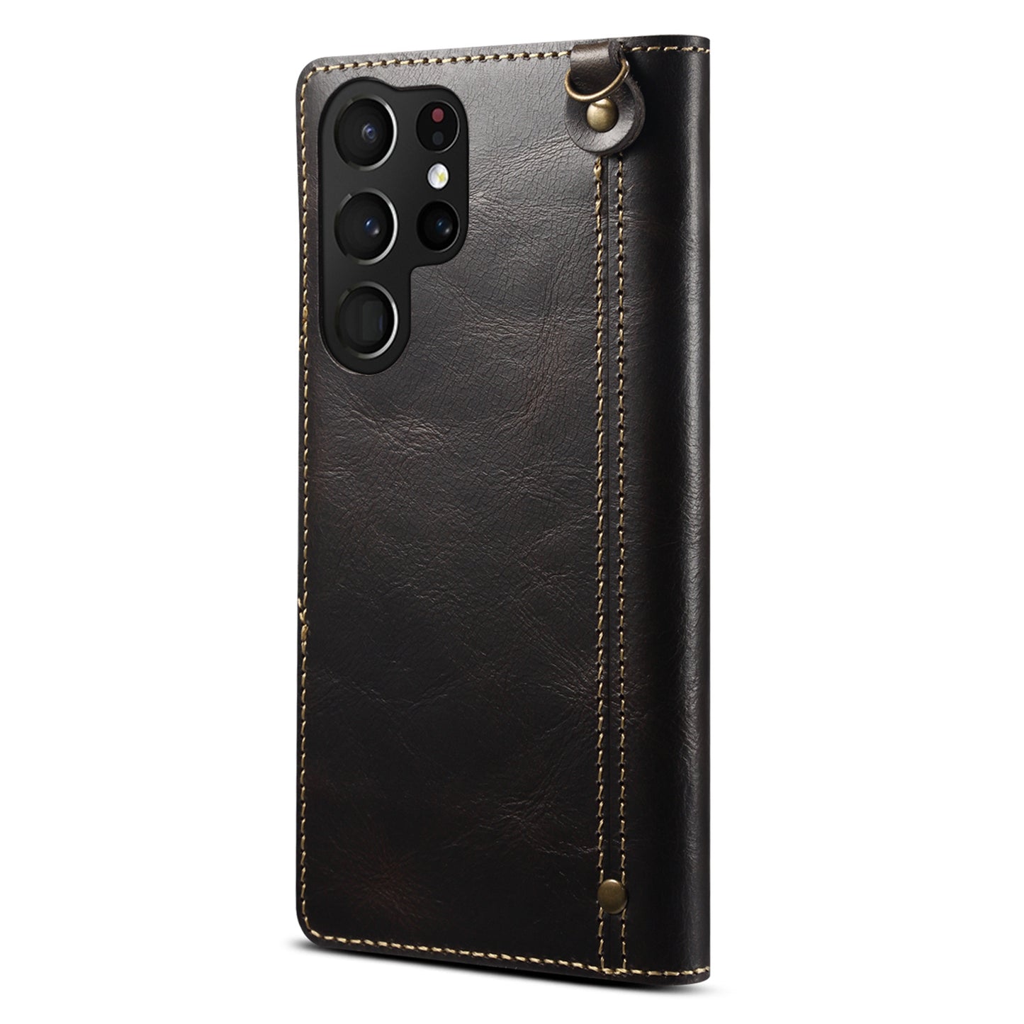 For Samsung Galaxy S24 Ultra Cell Phone Case Buckled Retro Oil Wax Wallet Cover - Black