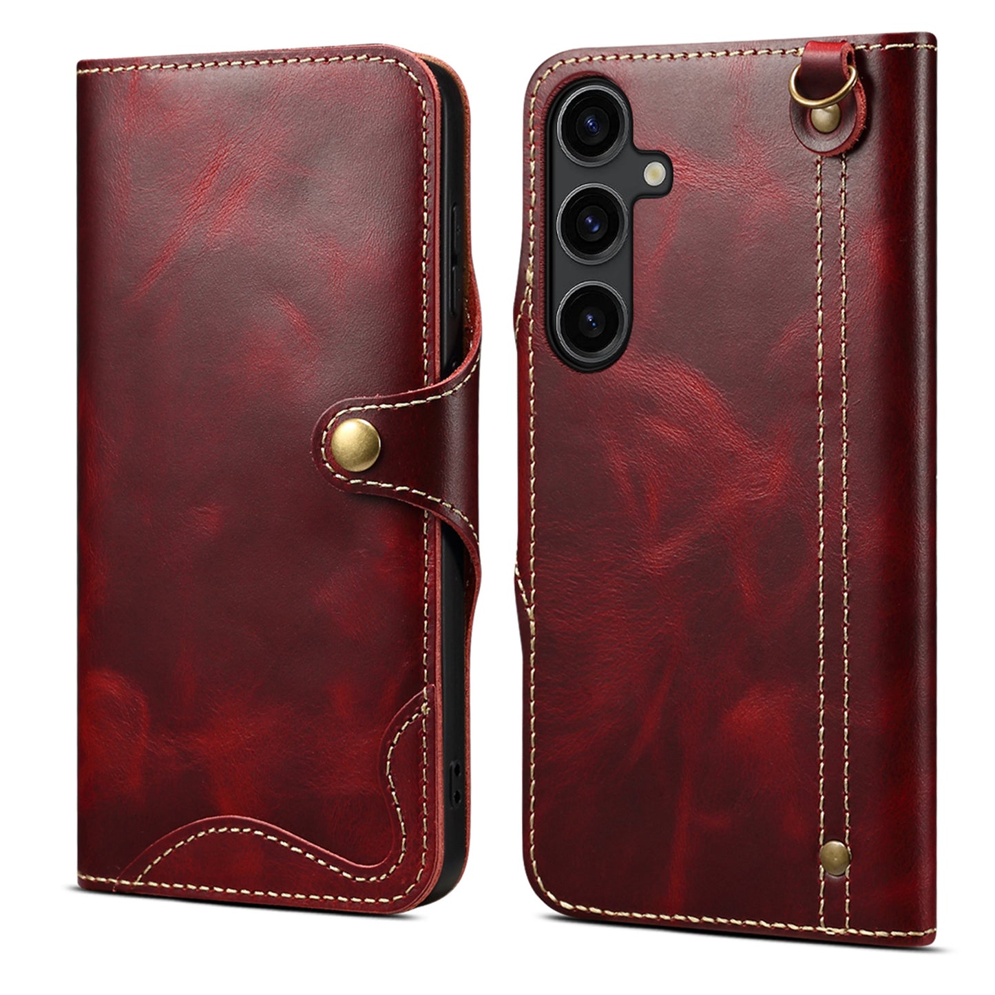 For Samsung Galaxy S24+ Magnetic Case Buckled Retro Oil Wax Phone Cover - Wine Red