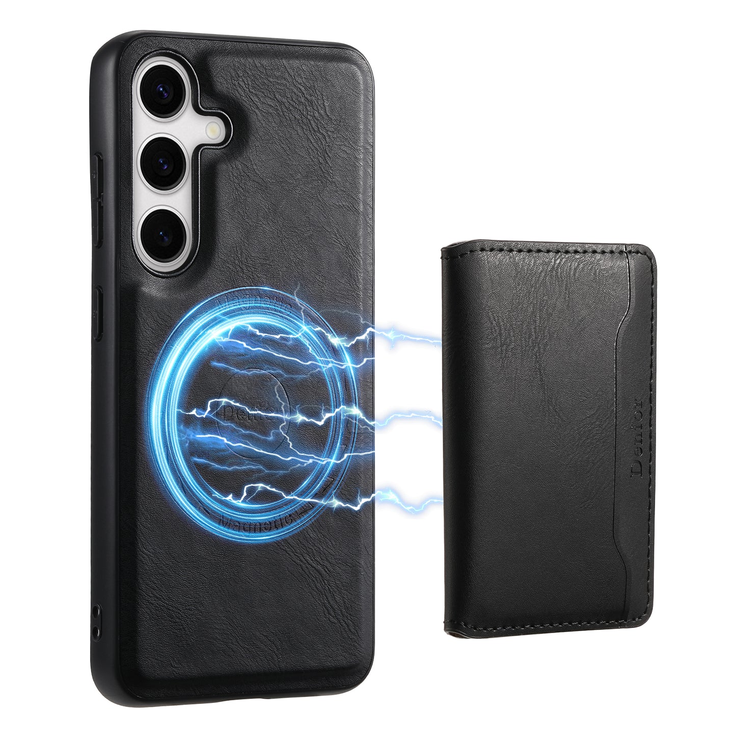 DENIOR For Samsung Galaxy S24 Magnetic Case Kickstand Phone Cover 2 in 1 Detachable Wallet Back - Black