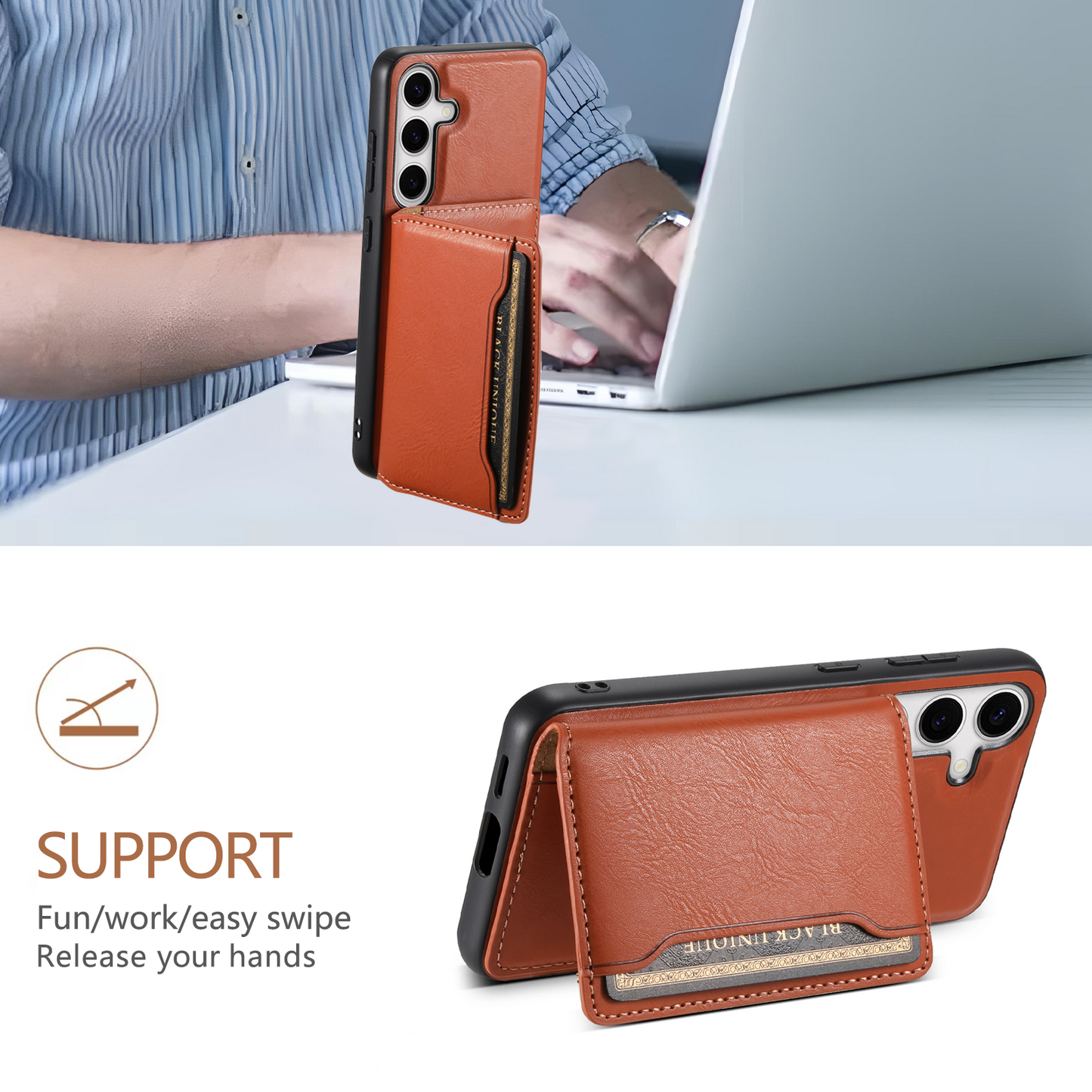 DENIOR For Samsung Galaxy S24+ Phone Case Magnetic Protection Cover Detachable Card Bag - Brown
