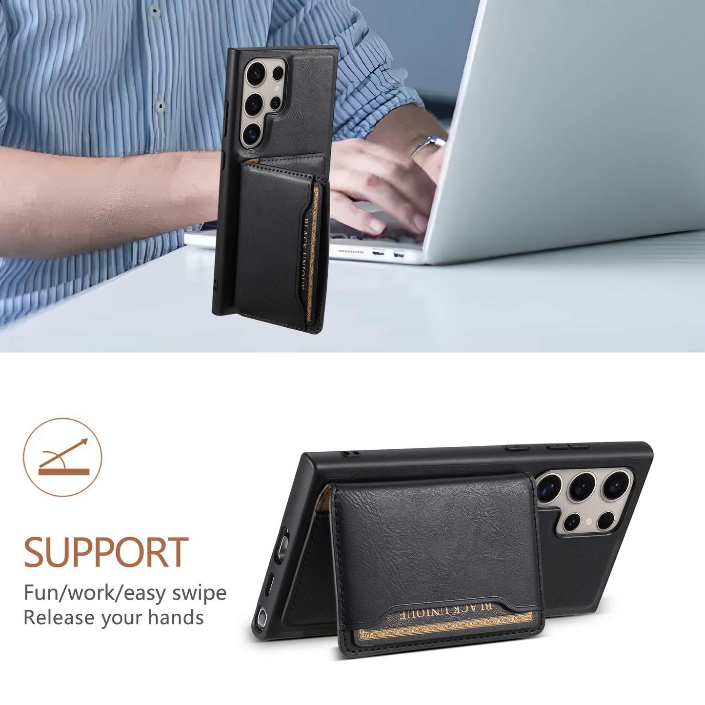 DENIOR For Samsung Galaxy S24 Ultra Phone Cover Magnetic Detachable Wallet Case Kickstand - Black
