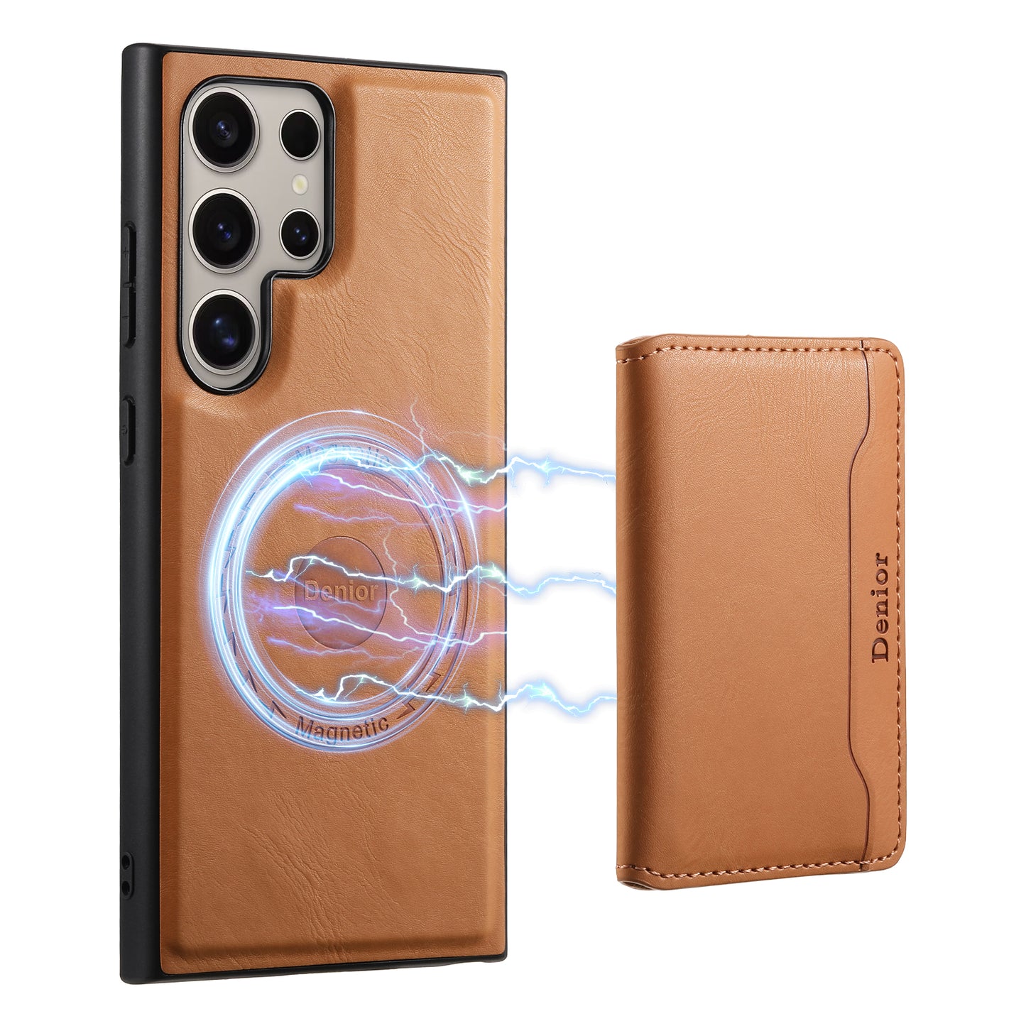 DENIOR For Samsung Galaxy S24 Ultra Phone Cover Magnetic Detachable Wallet Case Kickstand - Khaki