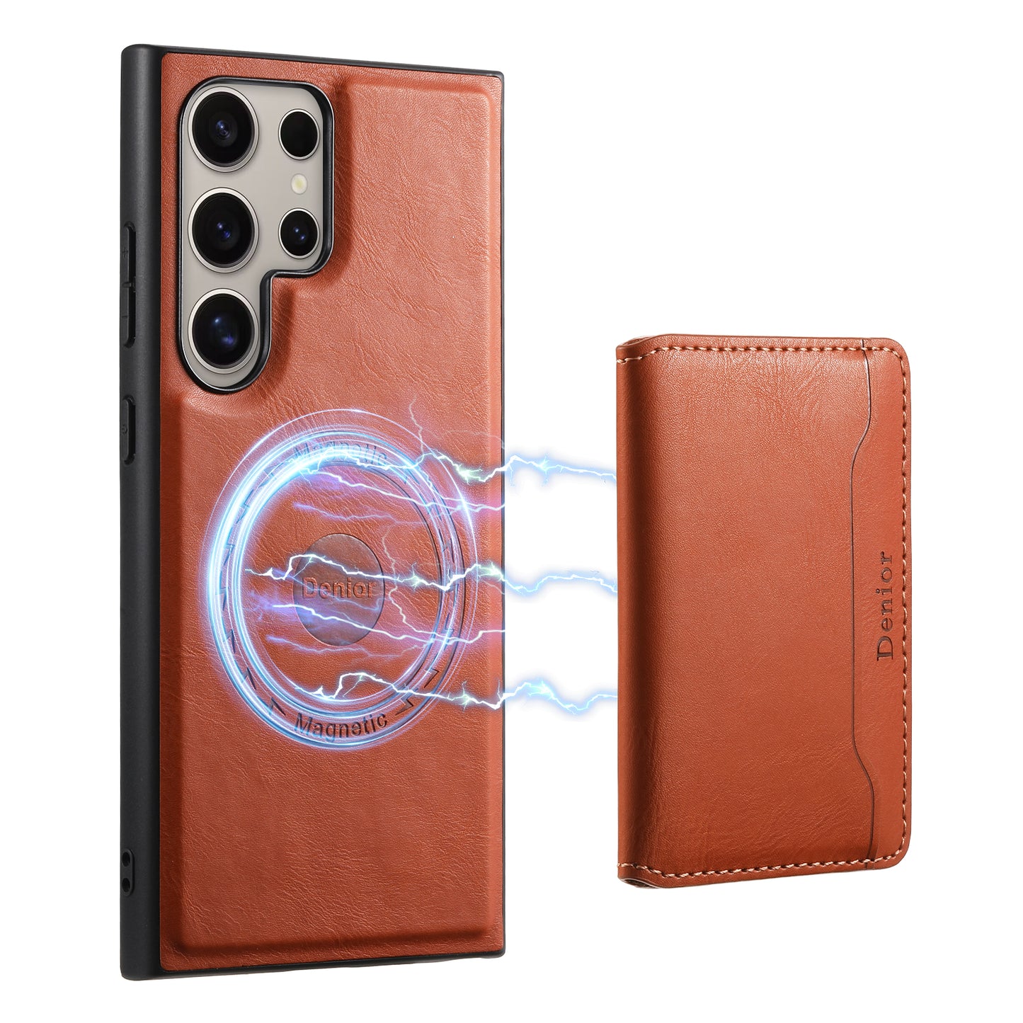 DENIOR For Samsung Galaxy S24 Ultra Phone Cover Magnetic Detachable Wallet Case Kickstand - Brown