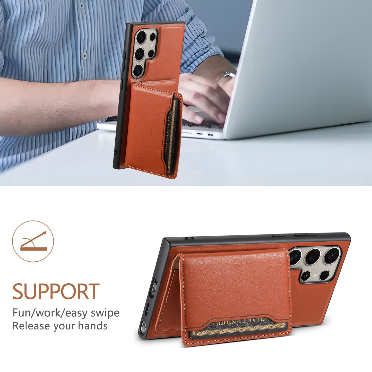 DENIOR For Samsung Galaxy S24 Ultra Phone Cover Magnetic Detachable Wallet Case Kickstand - Brown