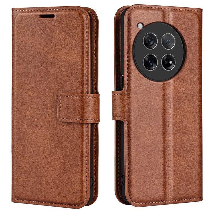 For OnePlus 12 5G PU Leather Folio Cover Magnetic Buckle Flip Phone Case Wallet - Light Brown