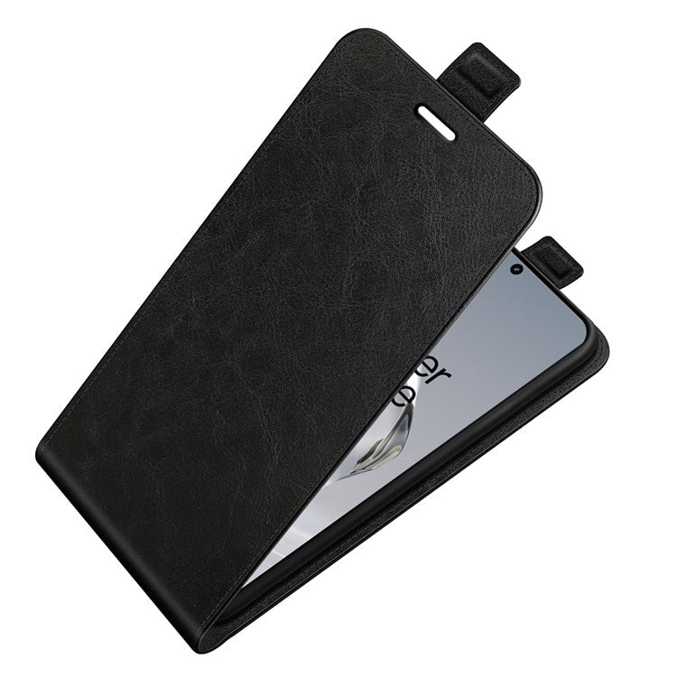 For OnePlus 12 5G Case with Card Holder Vertical Flip Crazy Horse Texture Phone Cover - Black