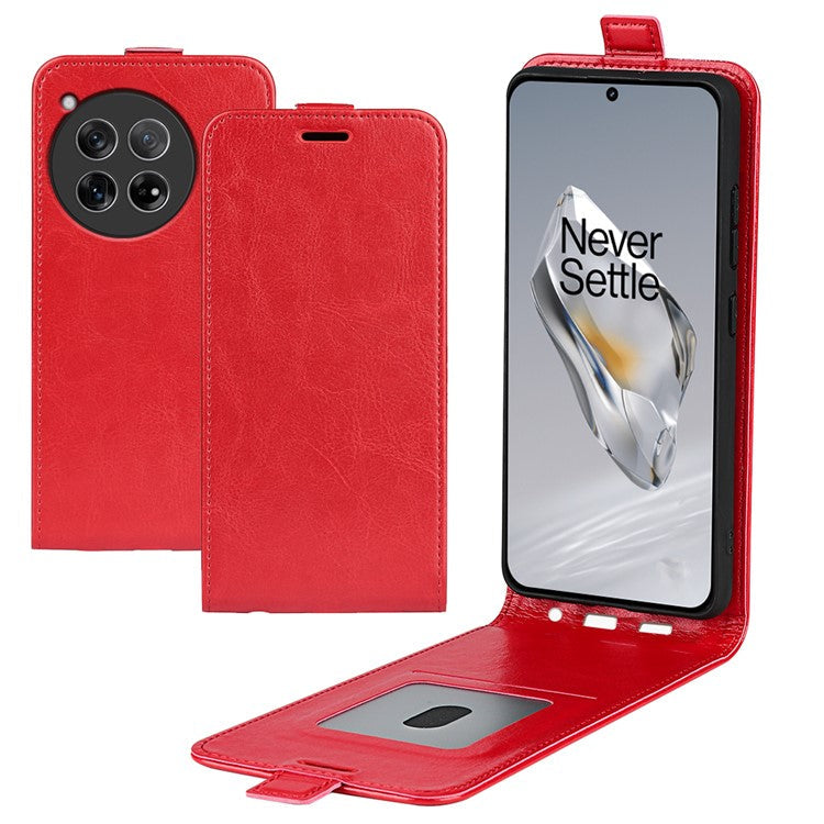 For OnePlus 12 5G Case with Card Holder Vertical Flip Crazy Horse Texture Phone Cover - Red