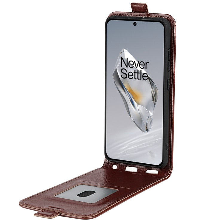For OnePlus 12 5G Case with Card Holder Vertical Flip Crazy Horse Texture Phone Cover - Brown