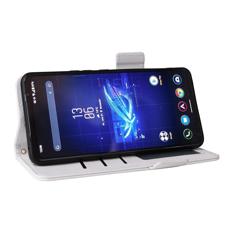 For Asus ROG Phone 8 Pro 5G / 8 5G Magnetic Case Leather Litchi Texture Cover with Wrist Strap - White