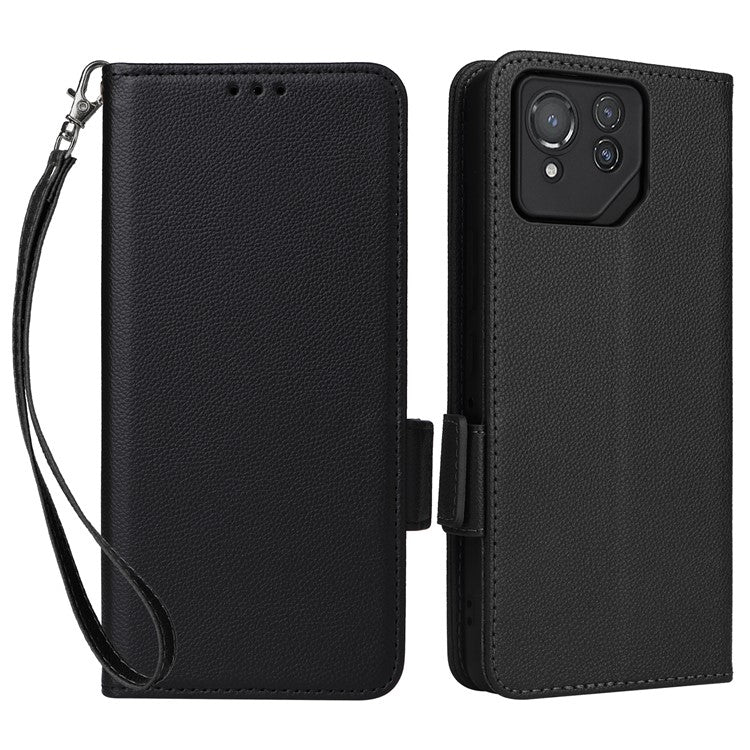 For Asus ROG Phone 8 Pro 5G / 8 5G Magnetic Case Leather Litchi Texture Cover with Wrist Strap - Black