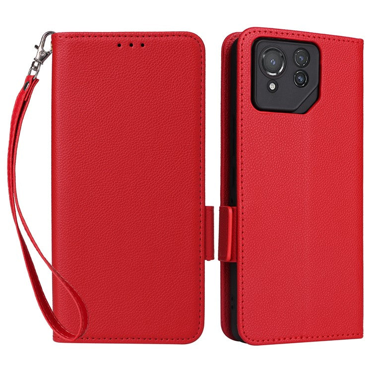 For Asus ROG Phone 8 Pro 5G / 8 5G Magnetic Case Leather Litchi Texture Cover with Wrist Strap - Red