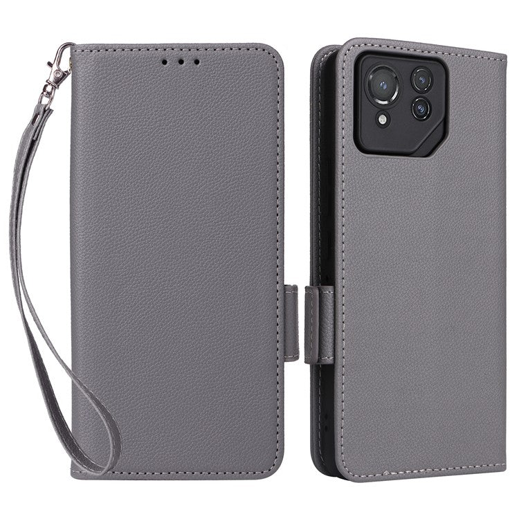 For Asus ROG Phone 8 Pro 5G / 8 5G Magnetic Case Leather Litchi Texture Cover with Wrist Strap - Grey