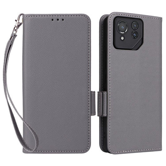 For Asus ROG Phone 8 Pro 5G / 8 5G Magnetic Case Leather Litchi Texture Cover with Wrist Strap - Grey