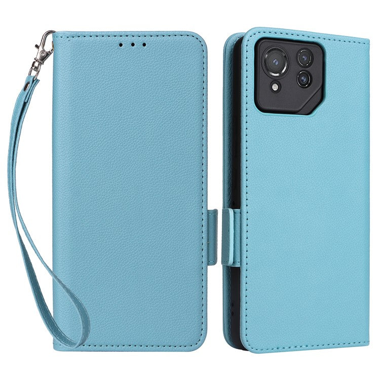 For Asus ROG Phone 8 Pro 5G / 8 5G Magnetic Case Leather Litchi Texture Cover with Wrist Strap - Baby Blue