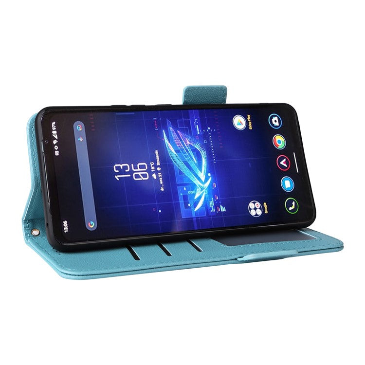 For Asus ROG Phone 8 Pro 5G / 8 5G Magnetic Case Leather Litchi Texture Cover with Wrist Strap - Baby Blue