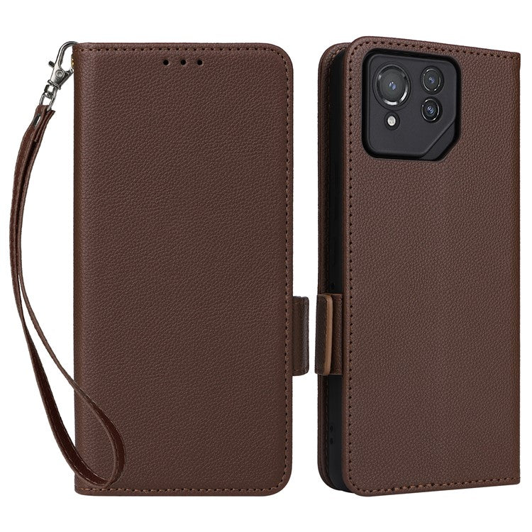 For Asus ROG Phone 8 Pro 5G / 8 5G Magnetic Case Leather Litchi Texture Cover with Wrist Strap - Brown