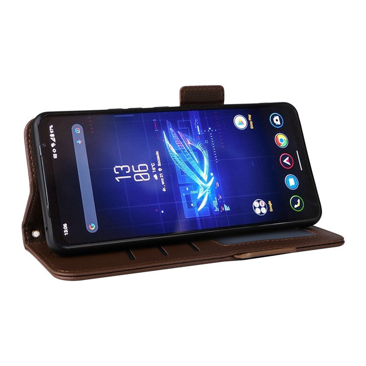 For Asus ROG Phone 8 Pro 5G / 8 5G Magnetic Case Leather Litchi Texture Cover with Wrist Strap - Brown