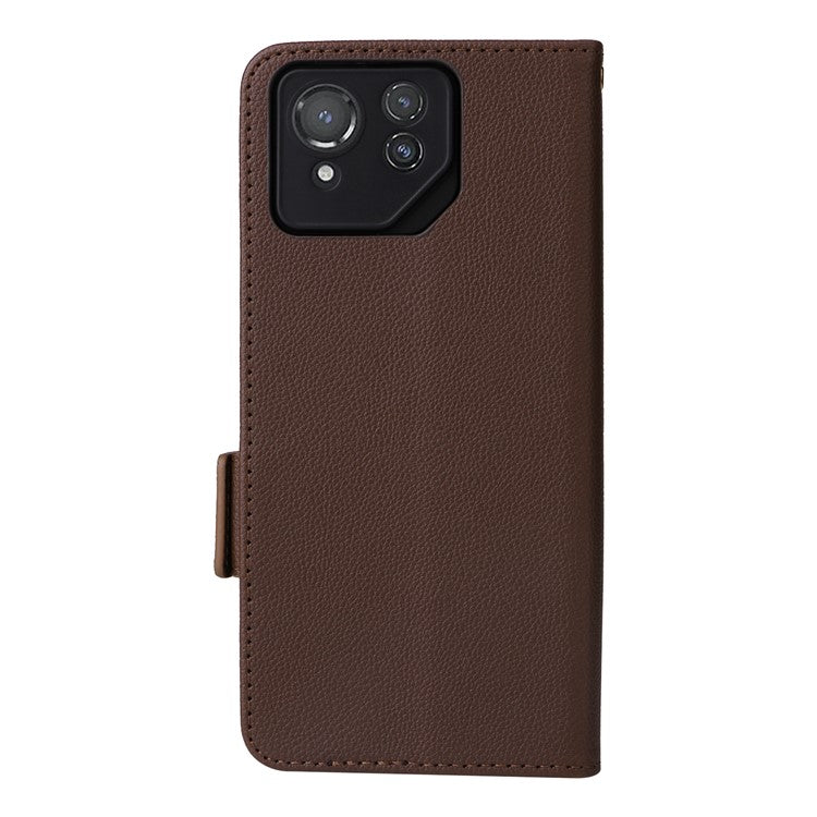 For Asus ROG Phone 8 Pro 5G / 8 5G Magnetic Case Leather Litchi Texture Cover with Wrist Strap - Brown