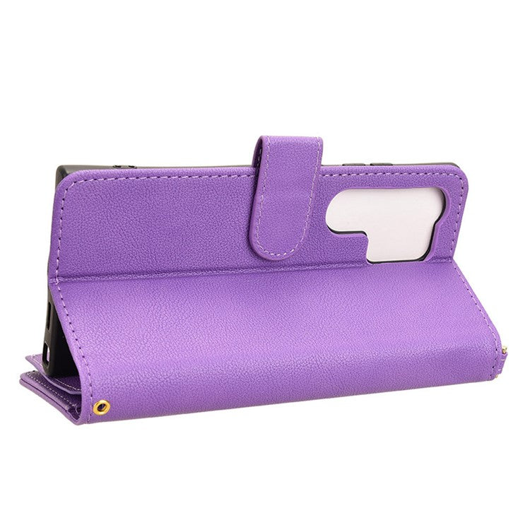 For Samsung Galaxy S24 Ultra Zipper Leather Case Wallet Phone Cover with 2 Straps - Purple