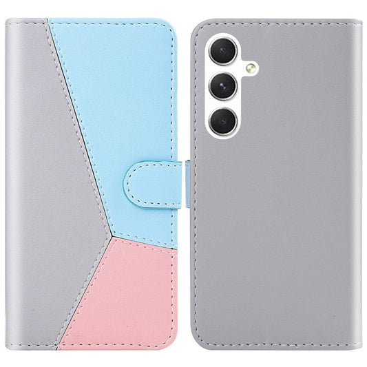 For Samsung Galaxy S24 Magnetic Case Three-color Splicing Leather Cell Phone Cover - Grey+Blue+Pink