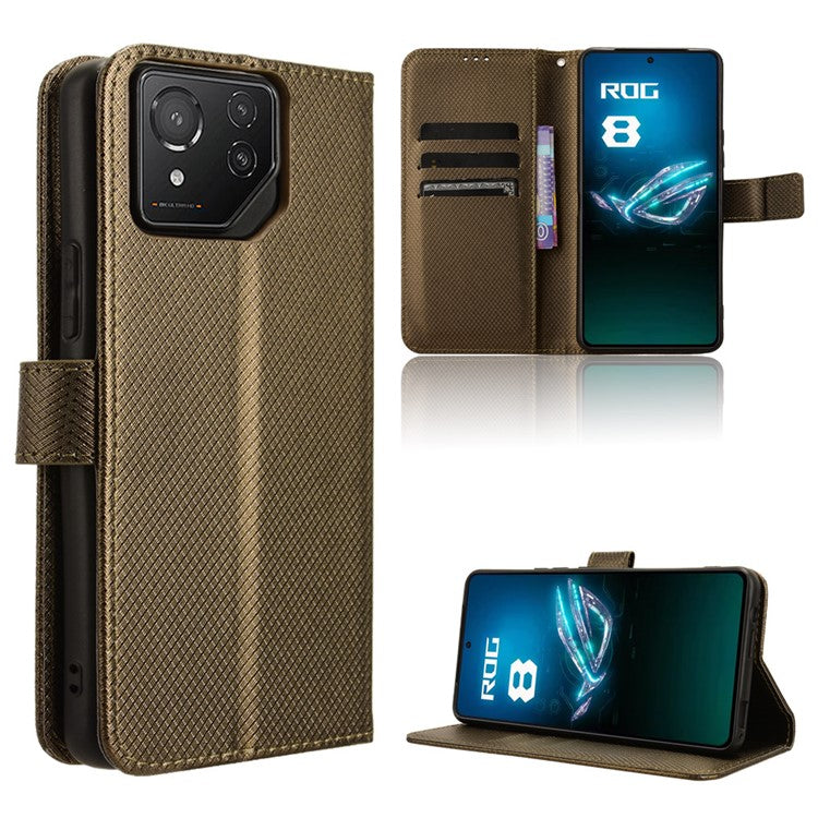For Asus ROG Phone 8 Pro 5G / 8 5G Magnetic Phone Case Diamond Texture Card Slots Cover - Brown