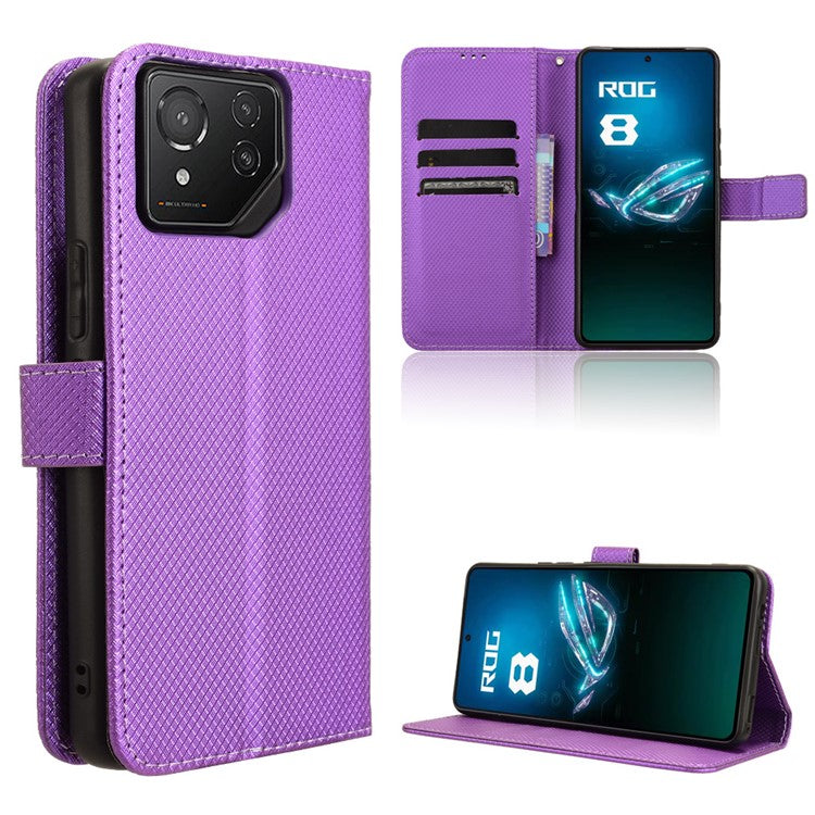 For Asus ROG Phone 8 Pro 5G / 8 5G Magnetic Phone Case Diamond Texture Card Slots Cover - Purple