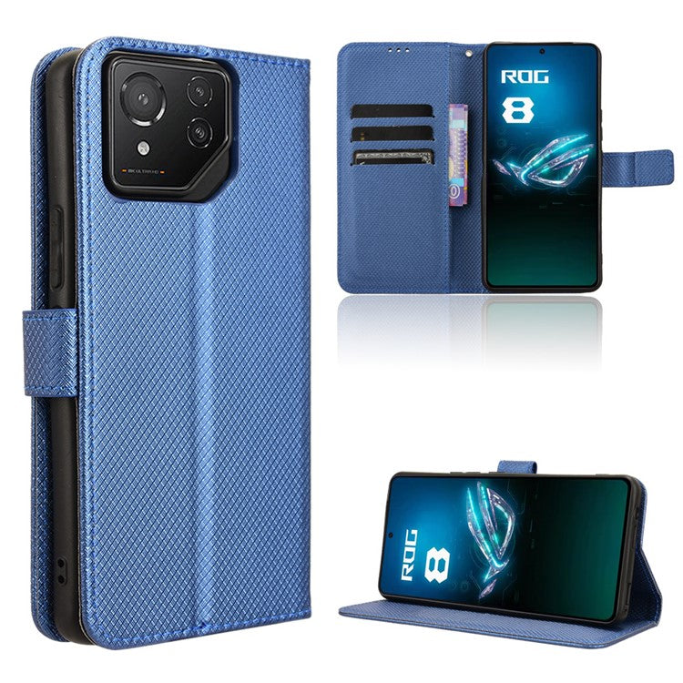 For Asus ROG Phone 8 Pro 5G / 8 5G Magnetic Phone Case Diamond Texture Card Slots Cover - Blue