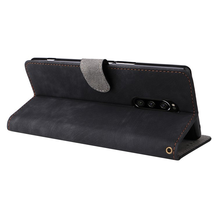 For Sony Xperia 1 RFID Blocking Leather Case with Strap Phone Wallet Cover - Black