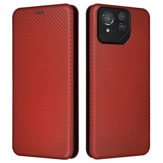 For Asus ROG Phone 8 5G / Phone 8 Pro 5G Phone Case Carbon Fiber Texture Stand Card Holder - Brown