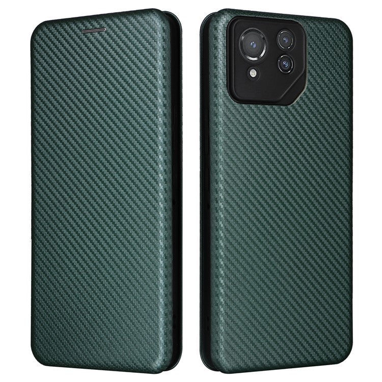 For Asus ROG Phone 8 5G / Phone 8 Pro 5G Phone Case Carbon Fiber Texture Stand Card Holder - Green
