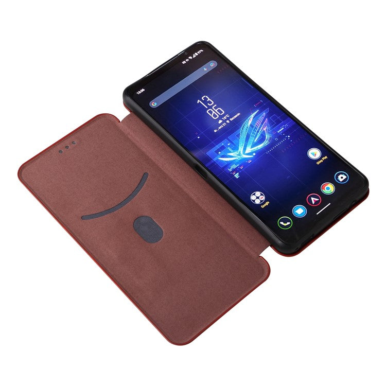 For Asus ROG Phone 8 Pro 5G / 8 5G Leather Case with Card Slot Carbon Fiber Texture  - Brown