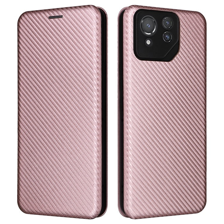 For Asus ROG Phone 8 Pro 5G / 8 5G Leather Case with Card Slot Carbon Fiber Texture  - Rose Gold
