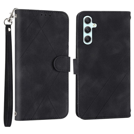 For Samsung Galaxy A35 5G Case with Strap Wallet Phone Cover Imprinted Line - Black