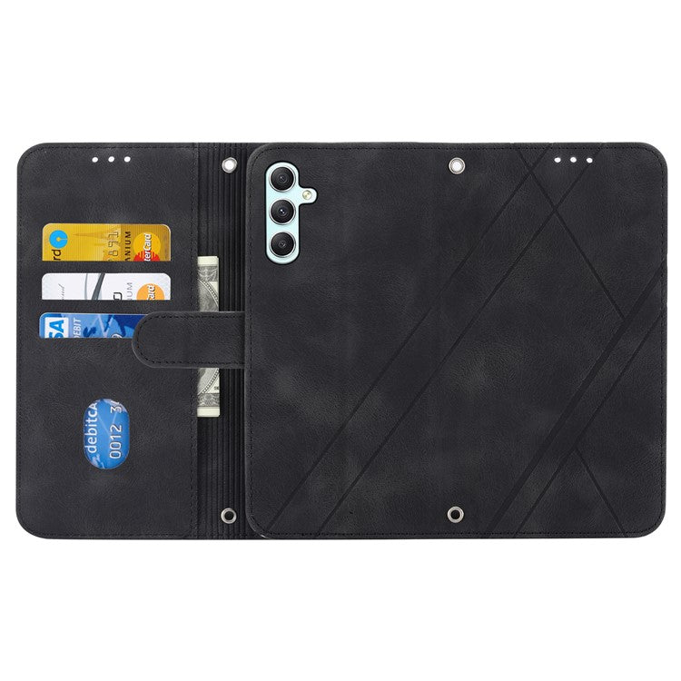 For Samsung Galaxy A35 5G Case with Strap Wallet Phone Cover Imprinted Line - Black