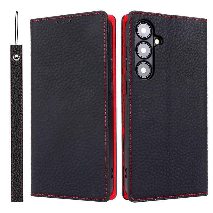 For Samsung Galaxy S24+ Wallet Case Genuine Cow Leather Phone Cover with Strap - Black